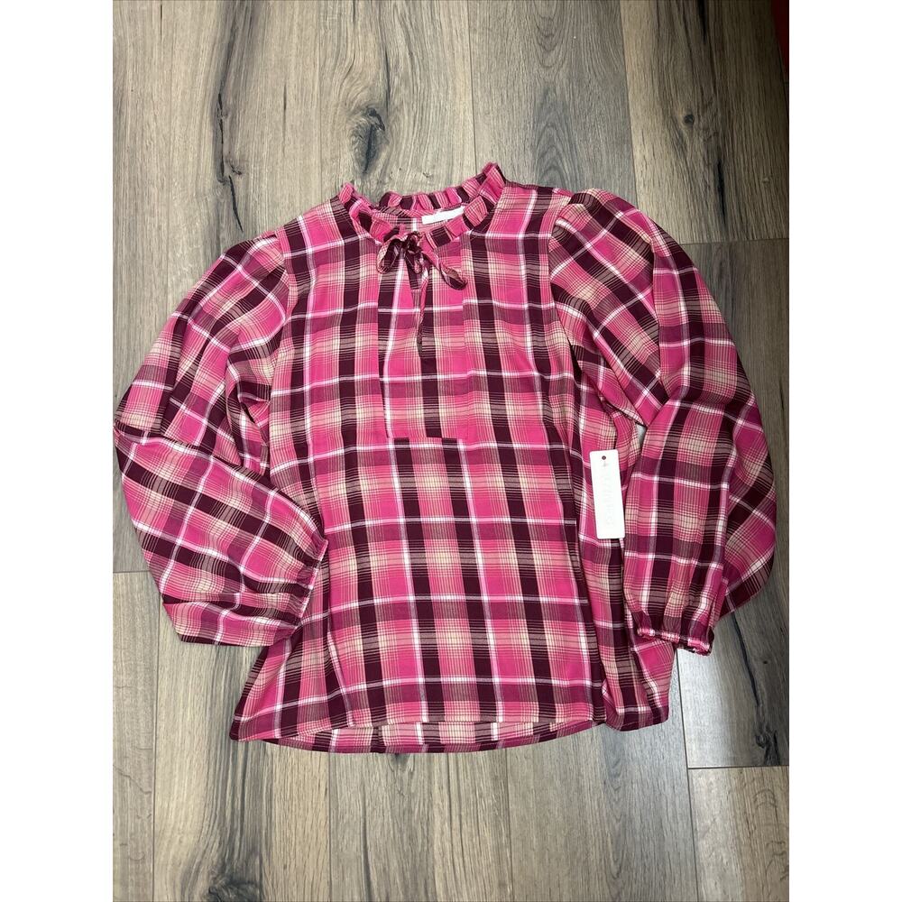NEW Sunny Leigh Pink Plaid Blouse Size Large Tie Neck Top Career